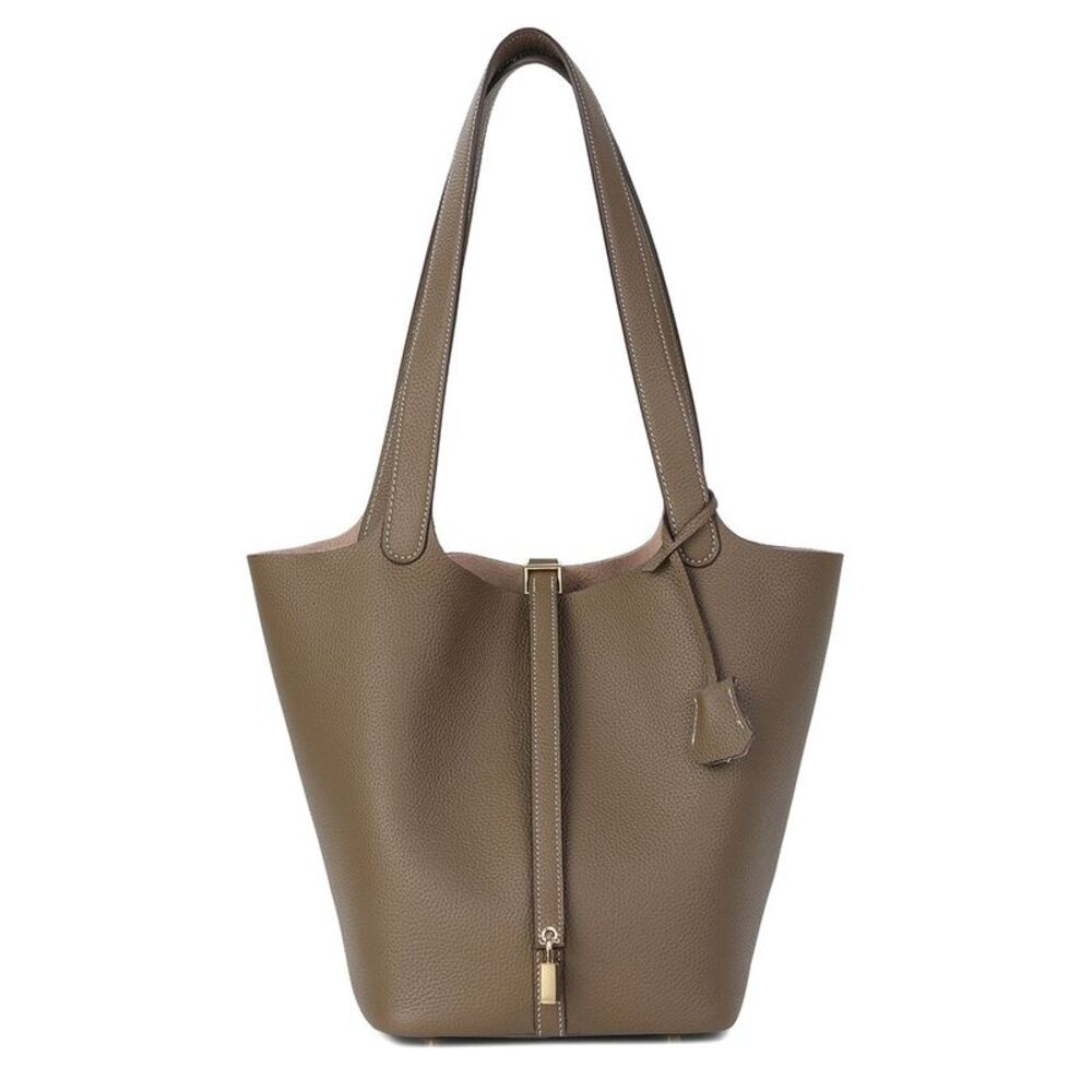 Tiffany & Fred Paris Pebbled Leather Bucket Tote, Khaki